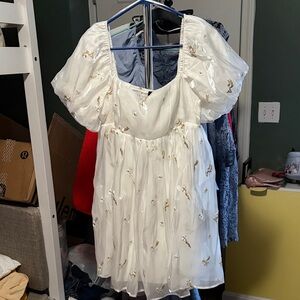 White Puff Sleeve Dress with Gold Embroidery